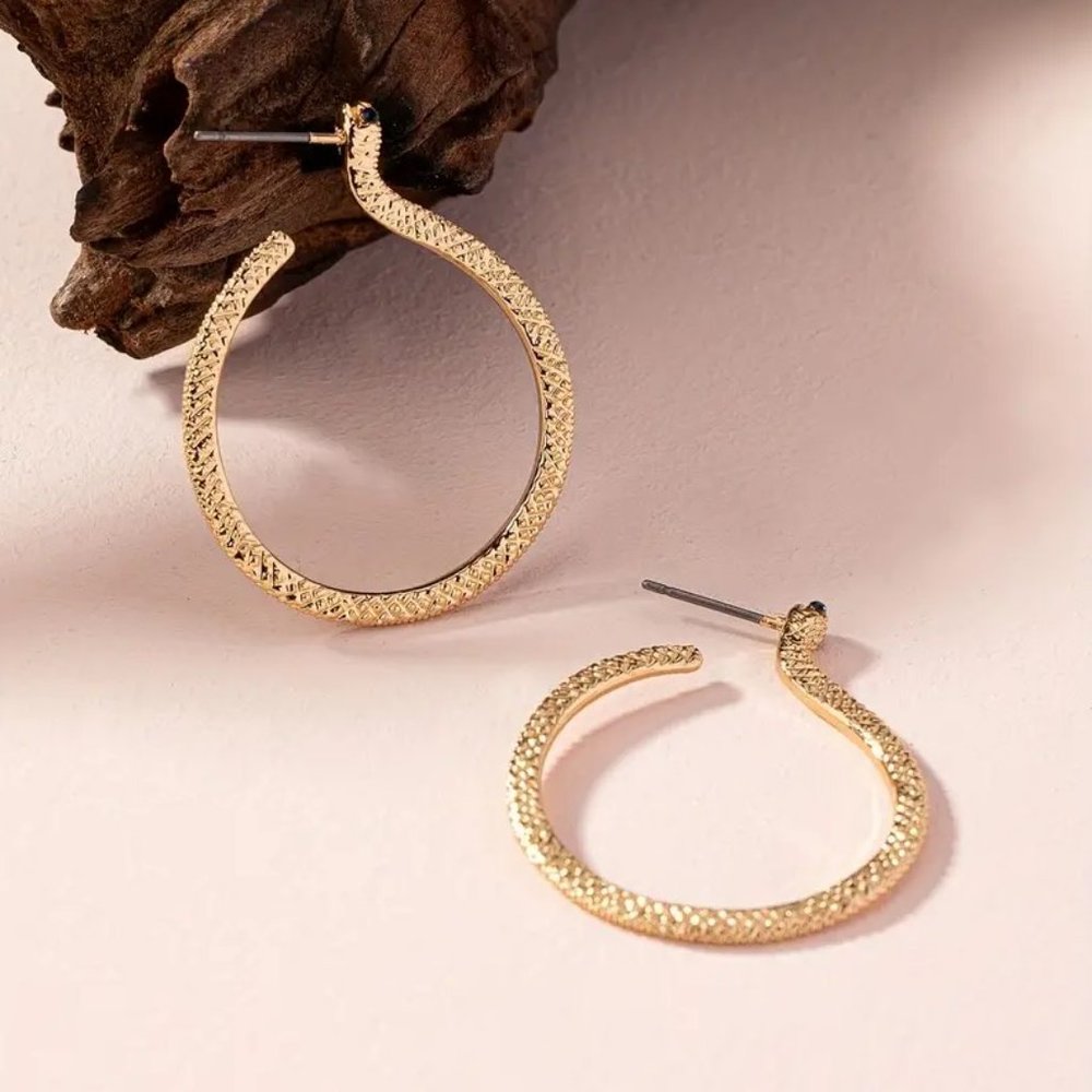Gold Serpent Snake Blue Rhinestone Eyes Hoop Earrings NEW - Picture 2 of 7